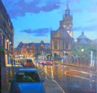 Picture of the Week: <p>Another of my wetlook pavement series, an oil painting of a view looking down Pinstone Street towards the Town Hall</p>