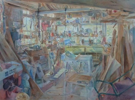 Picture of the Week: <p>Geoff does up old tractors for fun, all his tools are somewhere within this shed. I have called this painting ?It?s a man?s world?.</p>