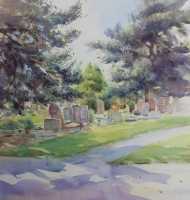 Picture of the Week: <p>Abbey Lane cemetery covers a large area and looking for a location I was attracted to the shadows under these conifers, watching thechanging lightingas I was painting.</p>
